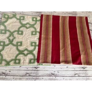 POTTERY BARN Set Pillow Shams Stripes Velvet Red Green COTTON LINEN Pillowcases
